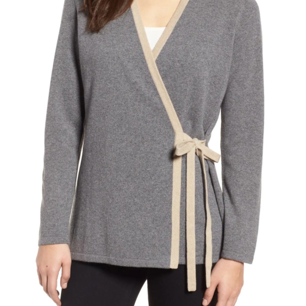 NWT EILEEN FISHER Side Tie Cashmere Wool Blend Cardigan In Ash Size XS/TP